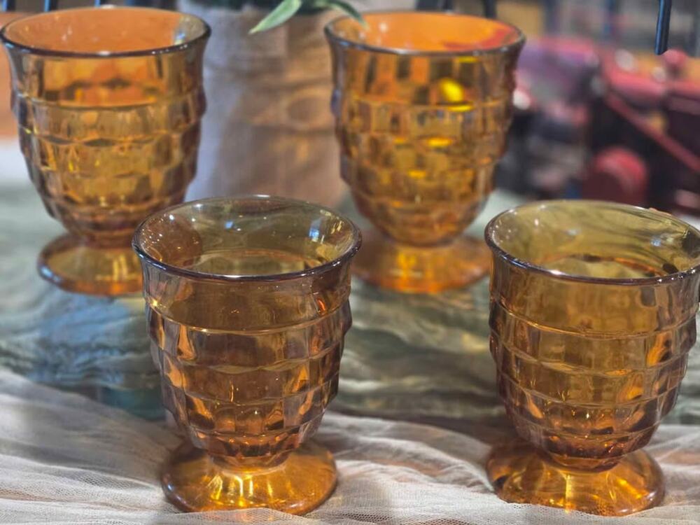 Set of 4 Vintage Amber Honeycomb Footed Glasses